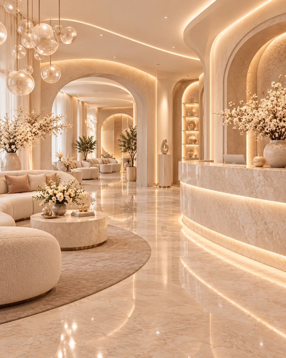 Lobby ilustrativo com arcos e acabamentos claros